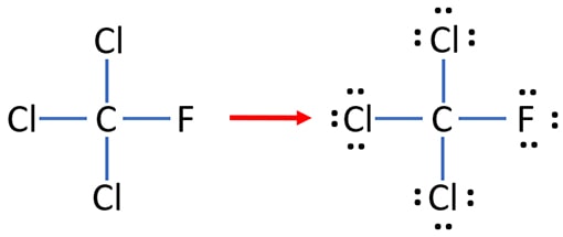mark lone pairs on trichlorofluoromethane CCl3F lewis structure